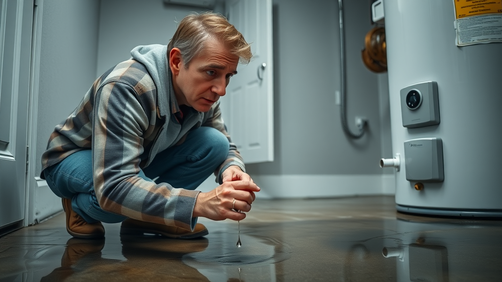 Worried homeowner checking leaking water heater for water leak - water heater repair urge, photorealistic, visible water pooling and damage.