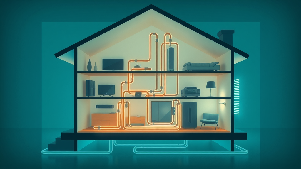 Diagram showing renewable heat and energy flows for home space heating, including heat pump and thermal energy movement