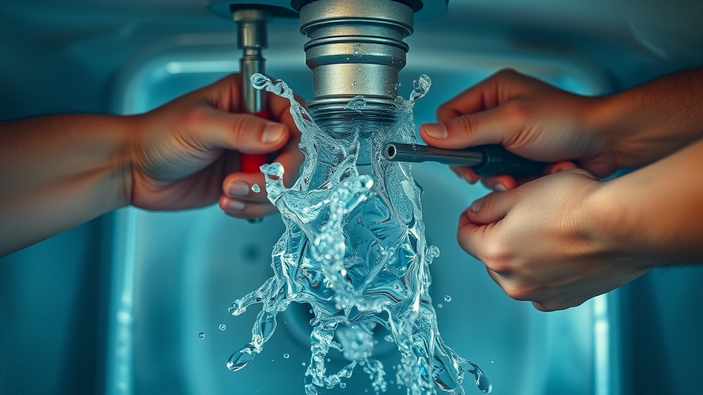 Burst pipe with water spray and hands fixing leak in Chesterfield home, dynamic plumber repair scene