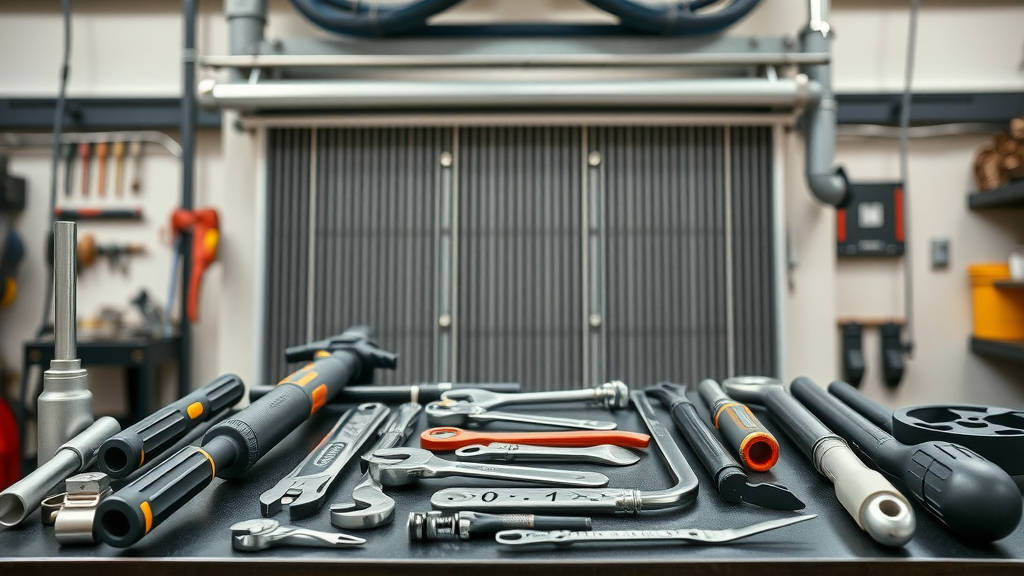 technical toolkit for radiator installation, organized professional tools, radiator and piping visible