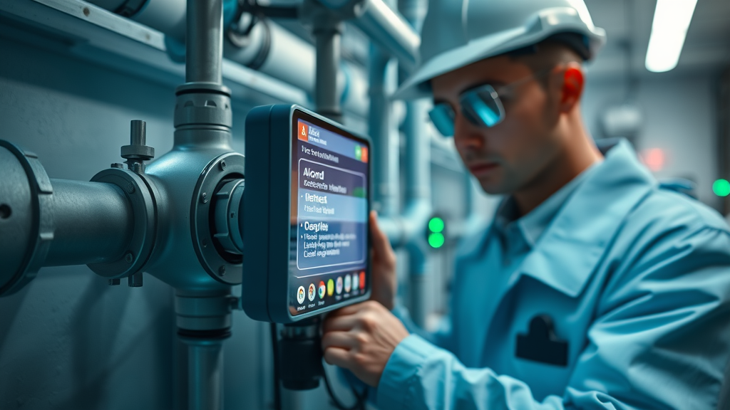 Smart leak detection system on eco-friendly plumbing, technician monitoring digital alerts