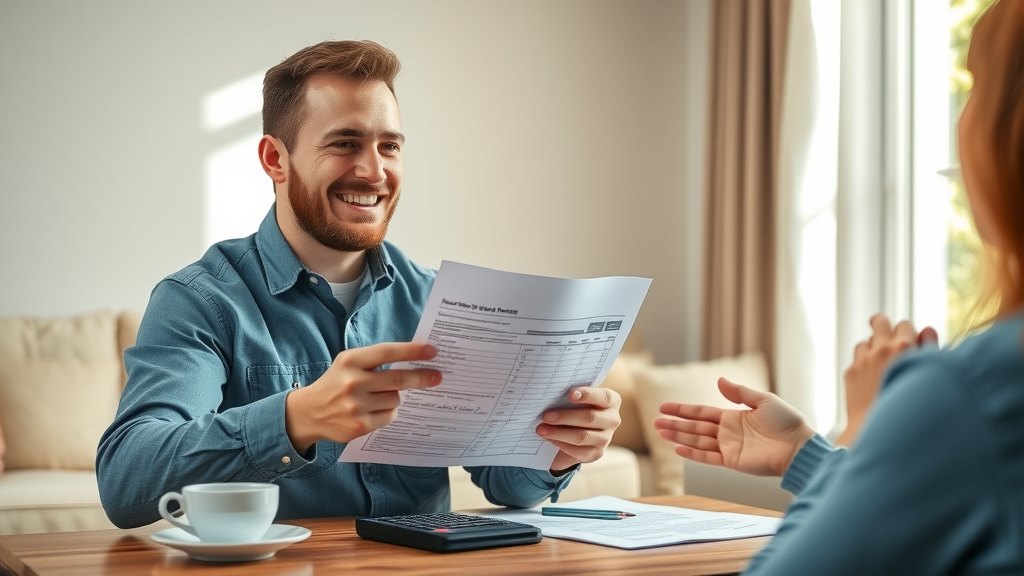 plumbing service - Friendly plumber presents written estimate to client at living room table, calculator and coffee nearby, clear and detailed paperwork
