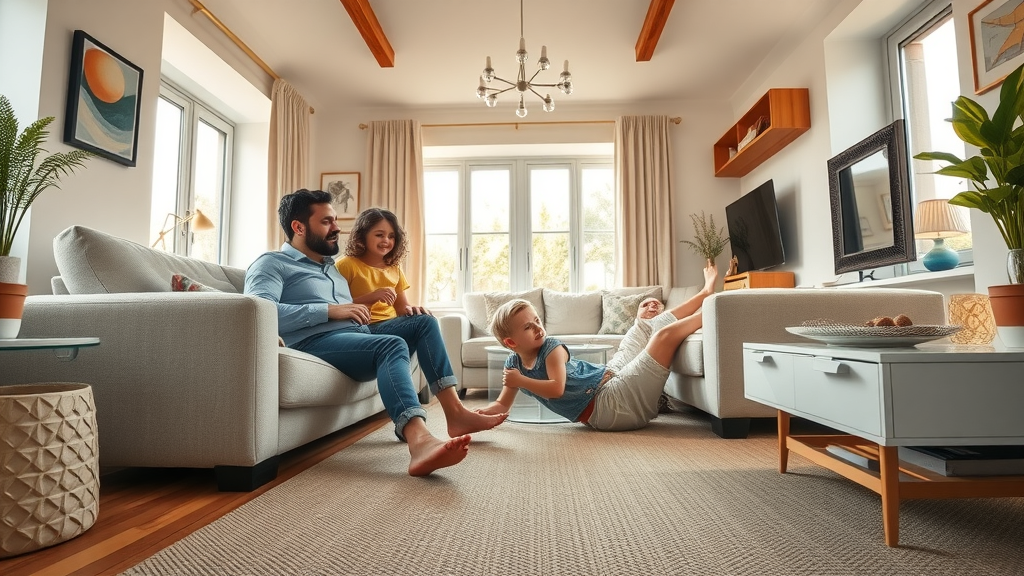family enjoying underfloor heating cost Chesterfield in a modern living room, warm floor, bright interior