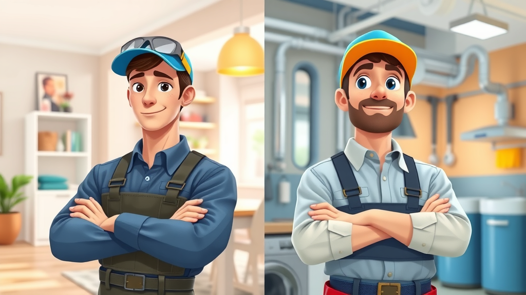 Comparison of residential and commercial plumbers in Chesterfield—one in a home setting, the other in a commercial facility, side by side.