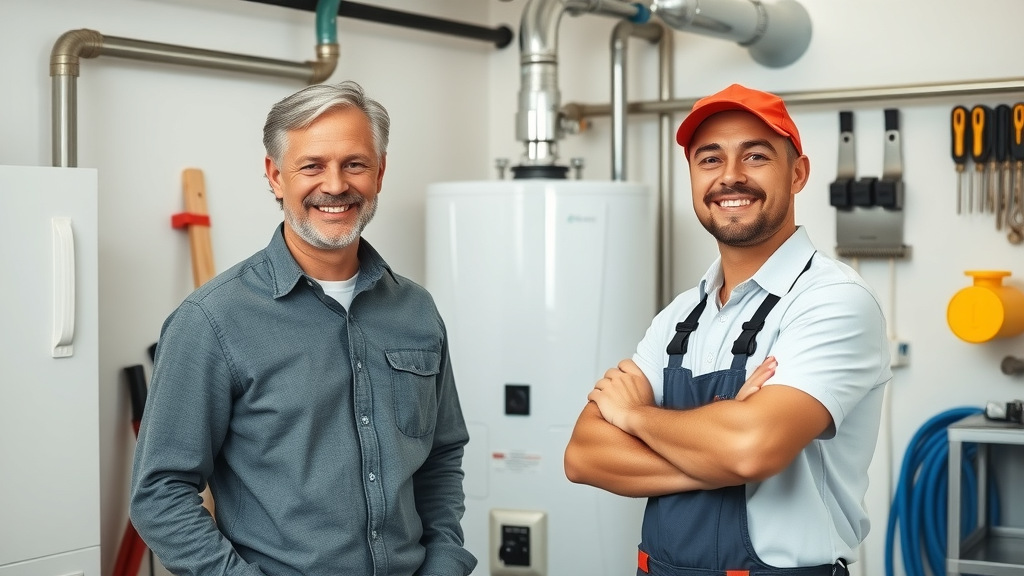 plumbing services - Cheerful homeowner with plumber next to new water heater, modern pipes, satisfied expressions in clean utility room