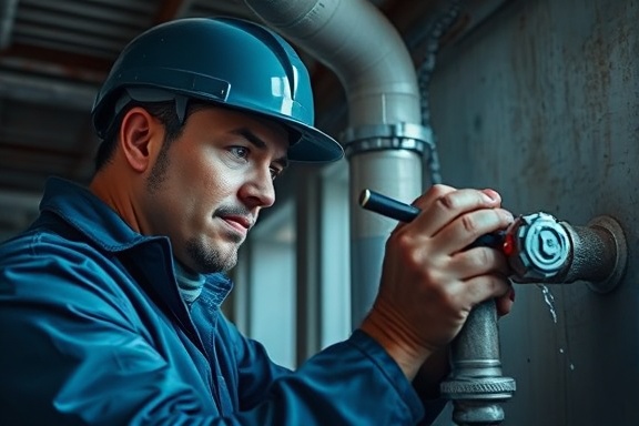 vigilant technician, alert, patching a water pipe, photorealistic, in a commercial building with metal beams, highly detailed, water spattering, ultra HD, cool tones, shadowy lighting, shot with a 24mm lens
