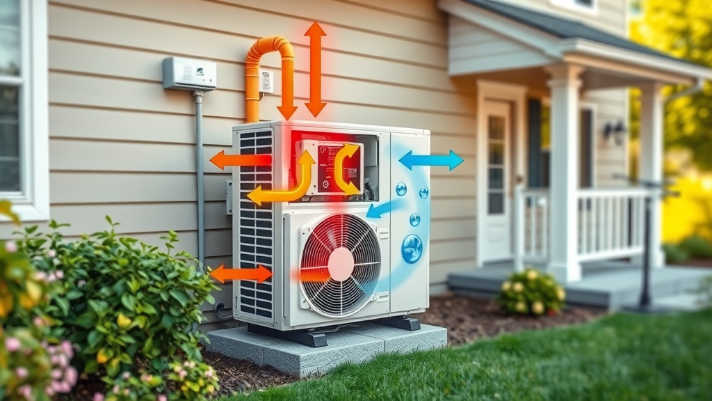 Cutaway of a modern heat pump system outside a UK home shows efficient airflow, heat exchange and low carbon operation