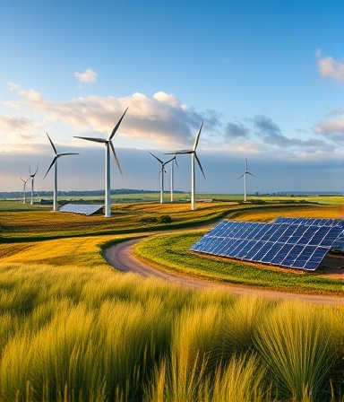 energy Chesterfield, sustainable, maximizing renewable resources, photorealistic, rural Chesterfield with wind farms and solar arrays, highly detailed, moving clouds and flowing grass, vibrant palette, soft morning light, shot with a Tamron SP 35mm f/1.8 Di VC USD lens.