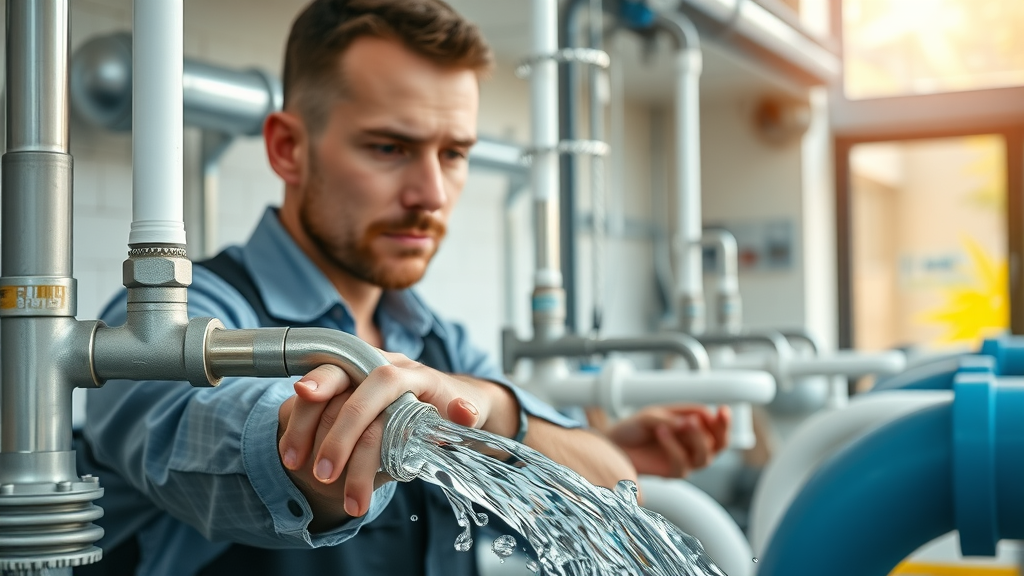 dynamic modern plumbing system, clean sustainable energy pipes, professional installer, working on renewable energy integration, eco-friendly building under natural daylight, plumbing system, renewable energy