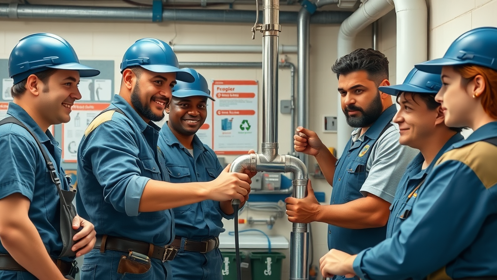 diverse team of plumbers installing eco-friendly pipes, sustainable plumbing solutions, collaborative, utility room, environmental conservation