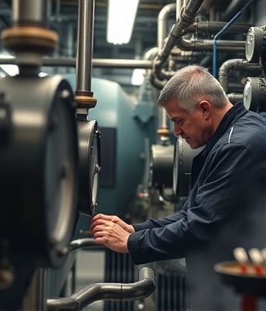 Thorough boiler maintenance, attentive, worker checking, photorealistic, industrial plant setting with machinery, highly detailed, steam and gauges visible, neutral colors, fluorescent lighting, shot with a 24mm lens.