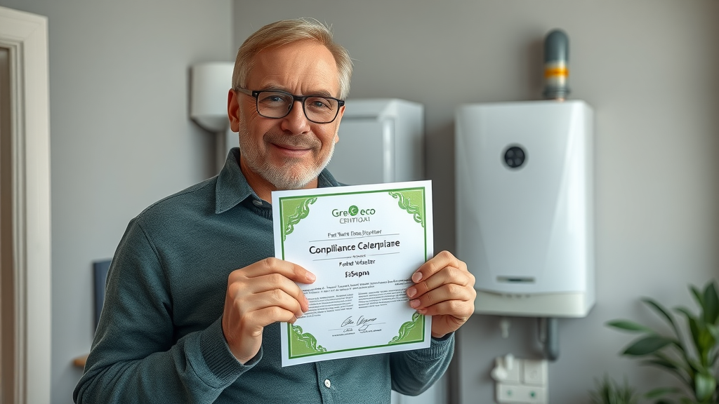 homeowner proudly holding compliance certificate next to new eco-friendly water heater