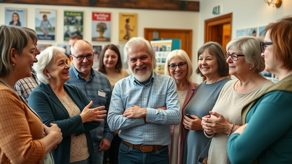 Diverse UK homeowners discussing low carbon footprint heating options at a local community event, village hall setting