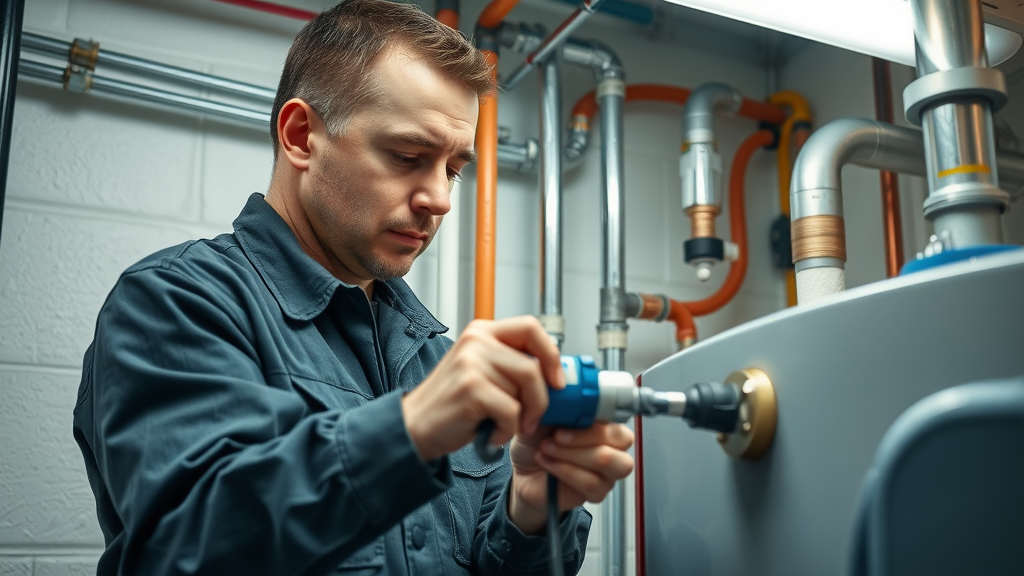 Technician performing professional power flush of a central heating system with specialized equipment.