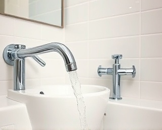 plumber Chesterfield, content expression, testing water pressure, photorealistic, in a renovated bathroom with clean lines, highly detailed, water flow from faucet, mid-shot, white porcelain, bright LED lighting, shot with an 85mm lens