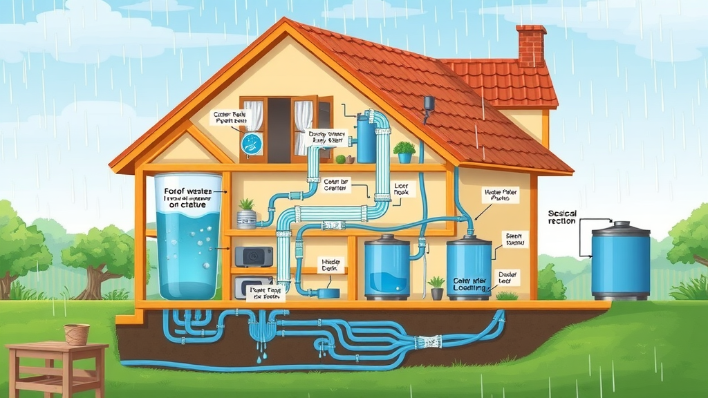 Cross-section diagram of a rainwater collection system with pipes, filters, tanks and garden