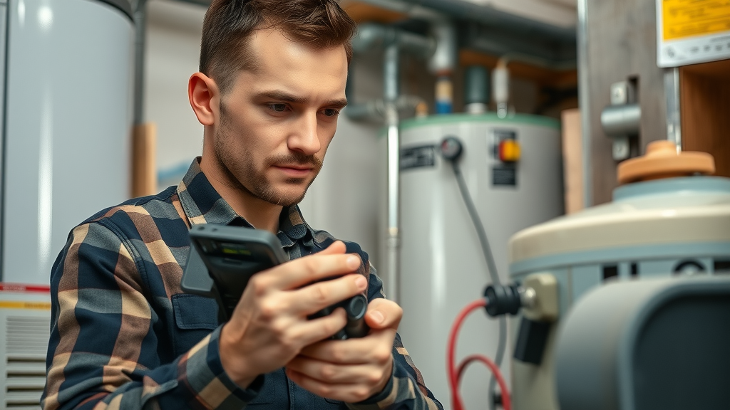 Skilled technician repairing water heater with diagnostic tools - professional water heater repair in action, organized home basement, vibrant and highly detailed.