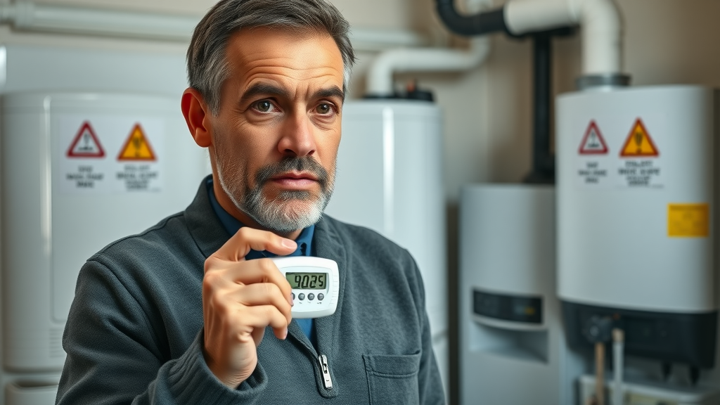 homeowner holding carbon monoxide detector near boiler - Emergency Plumbing gas safe regulations