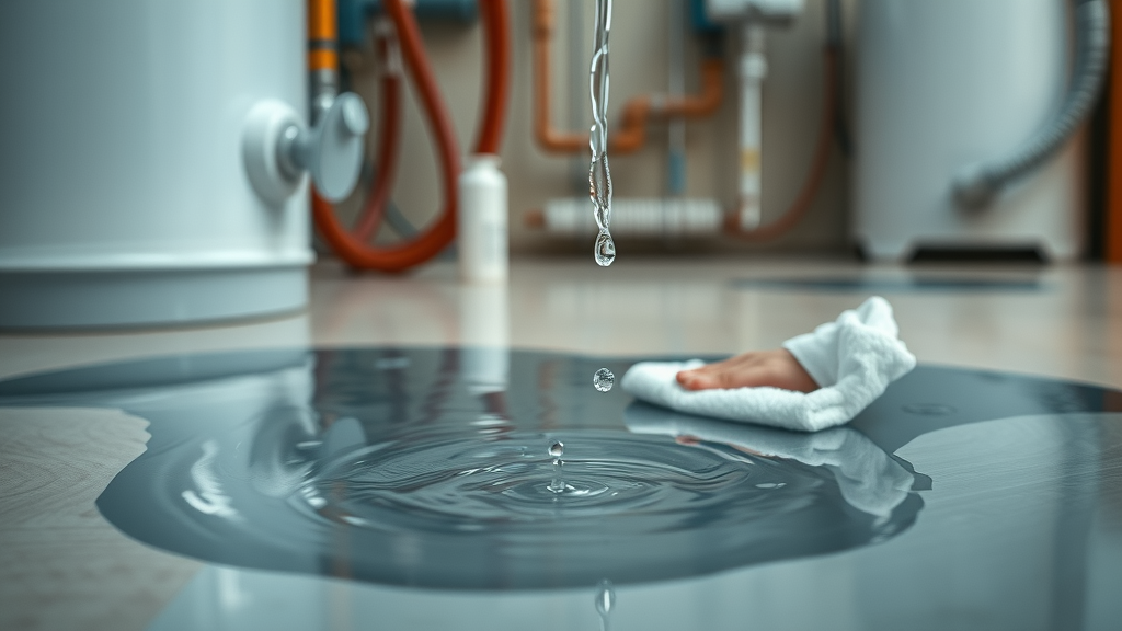 Leaking water heater repair service - Chesterfield home utility room, water pooling on floor near water heater