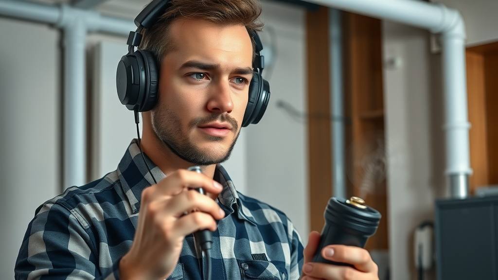 professional plumber performing sonic leak detection with headphones, plumbing leak detection technology application