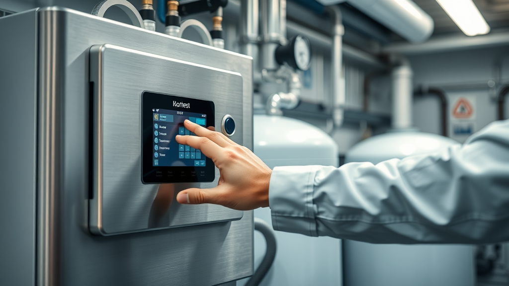 water softener installation - technician adjusting modern digital control on water softener system in commercial mechanical room