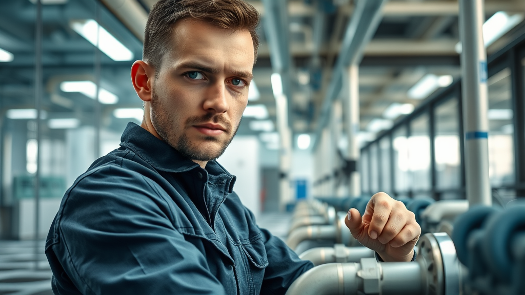efficient plumber inspecting industrial pipes in Chesterfield office, urgent commercial plumbing repair chesterfield