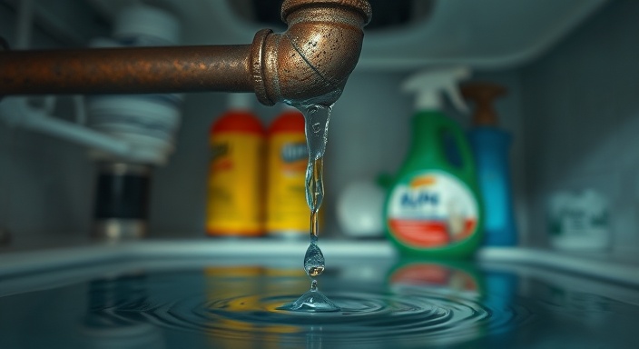 serene plumbing leak, slow and steady drip from a corroded pipe, photorealistic, under a kitchen sink with cleaning supplies, highly detailed, water pooling below, macro focus, cool colors, soft ambient lighting, shot with a macro lens