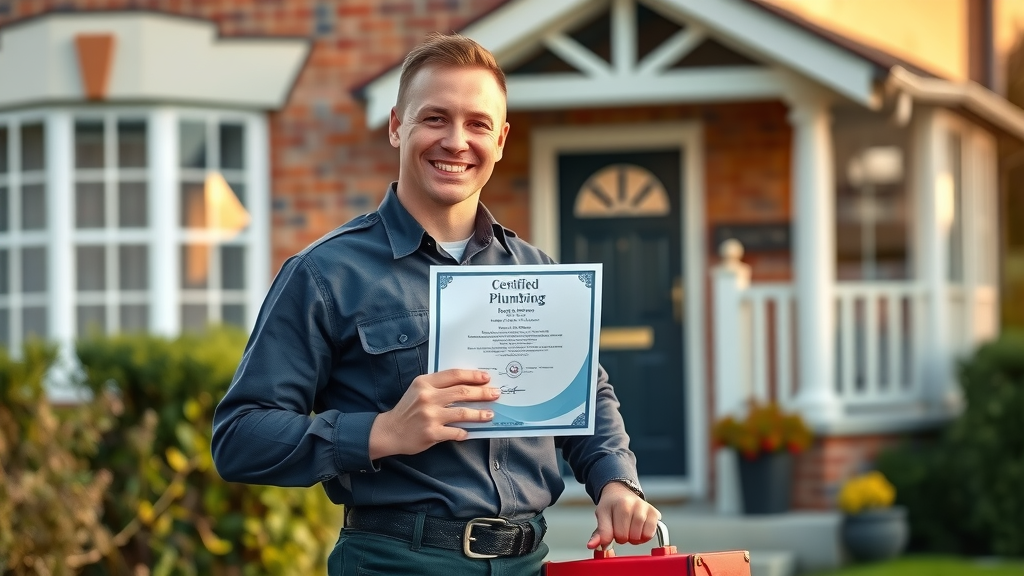 confident certified plumber urgent plumbing repair chesterfield standing outside Chesterfield home