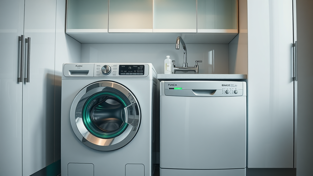 Eco-friendly washing machine and dishwasher in a utility room highlighting water conservation in plumbing