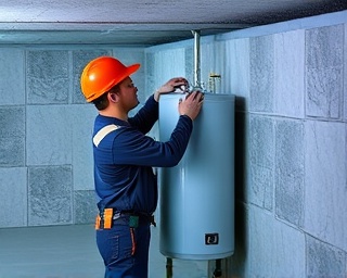 hardworking plumber, diligent, installing a water heater, photorealistic, in a spacious basement with concrete walls, highly detailed, insulation materials visible, ultra HD, cool tones, direct lighting, shot with a wide-angle lens