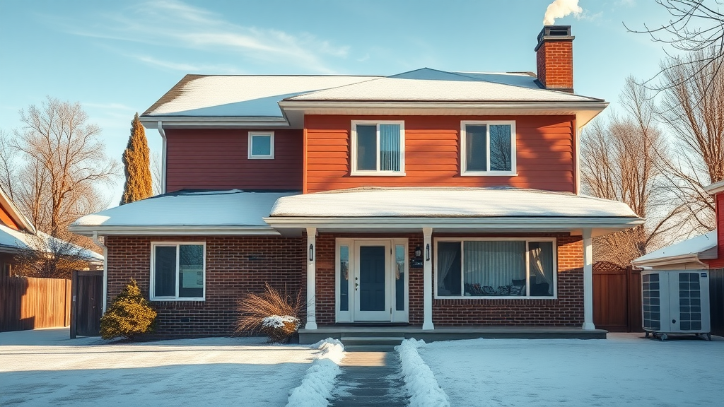 modern two-story home winter central heating system hvac installation exterior