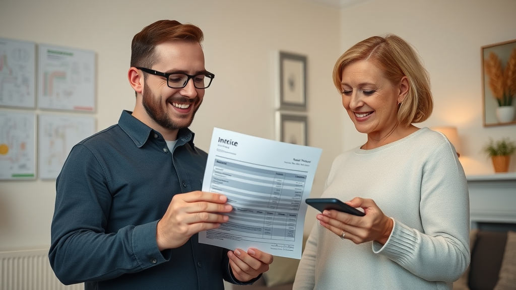 Heating engineer explaining itemized invoice to Chesterfield homeowner with heating system schematics