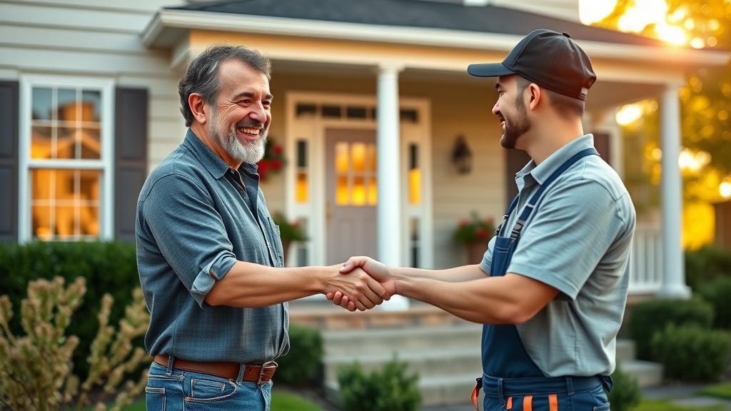 Satisfied homeowner shaking hands with a professional plumber outside Chesterfield residence