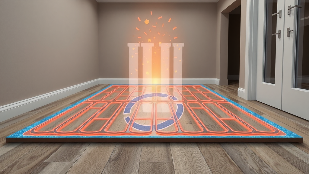 detailed cross-section of electric underfloor heating Chesterfield system with visible heating cables under laminate floor