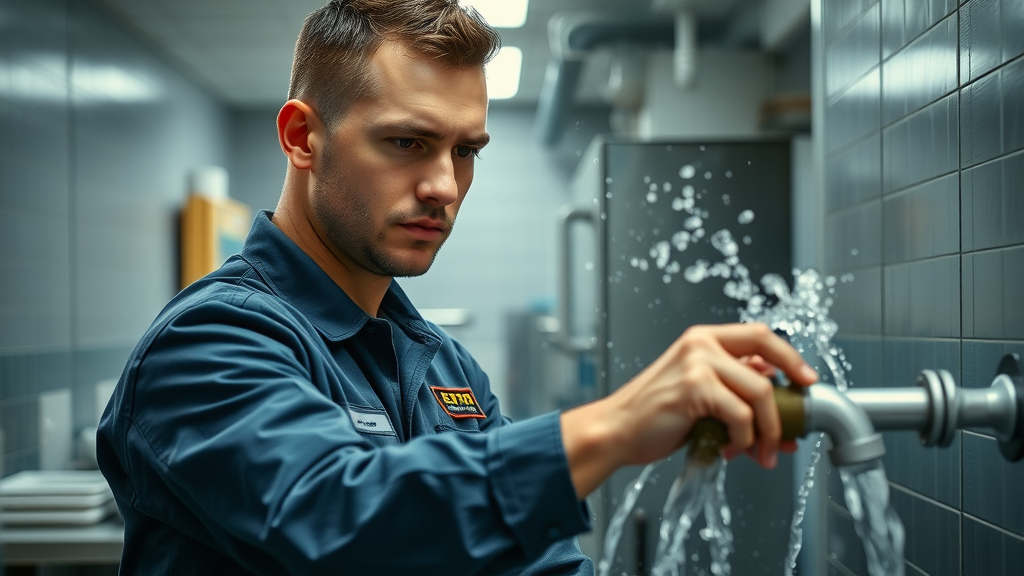 professional emergency commercial plumber chesterfield assessing burst pipe in a busy corporate kitchen