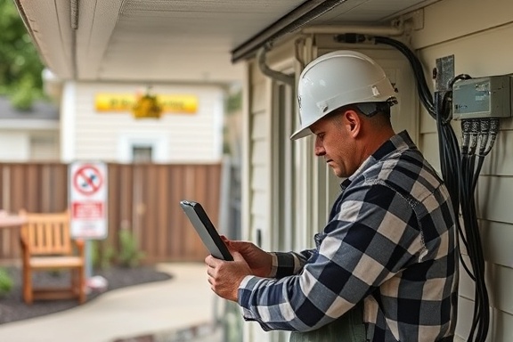 Professional installation Chesterfield, focused, team operating, photorealistic, suburban home setting with safety signs, highly detailed, cables and connections, clean colors, soft lighting, shot with an 85mm lens.