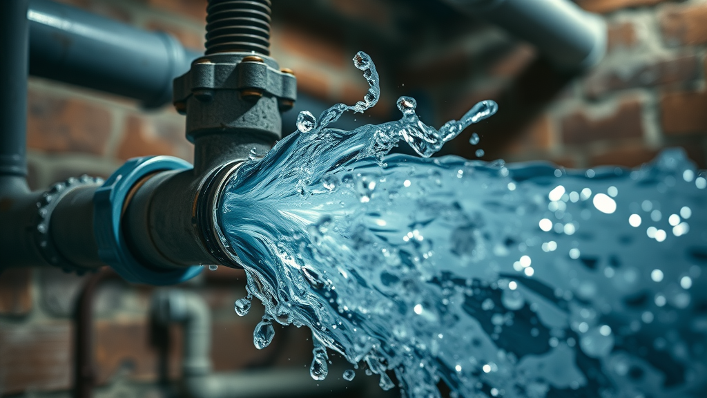Detailed burst pipe emergency scenario in Chesterfield, water spraying, emergency plumbing Chesterfield