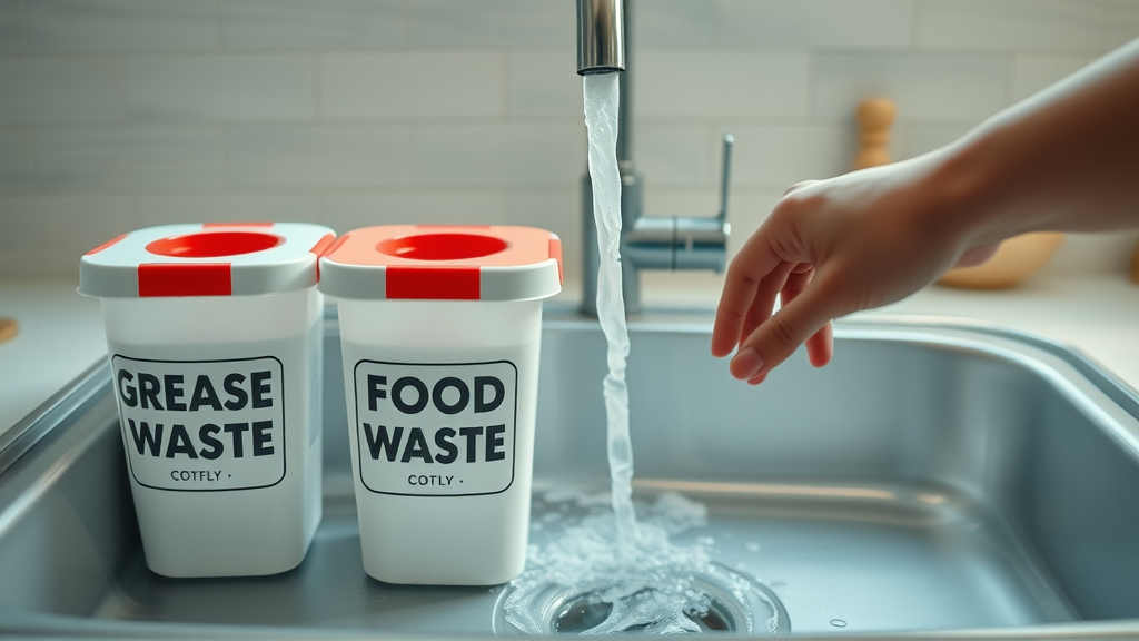 organized kitchen with labeled containers for grease and food waste, drain cleaning prevention