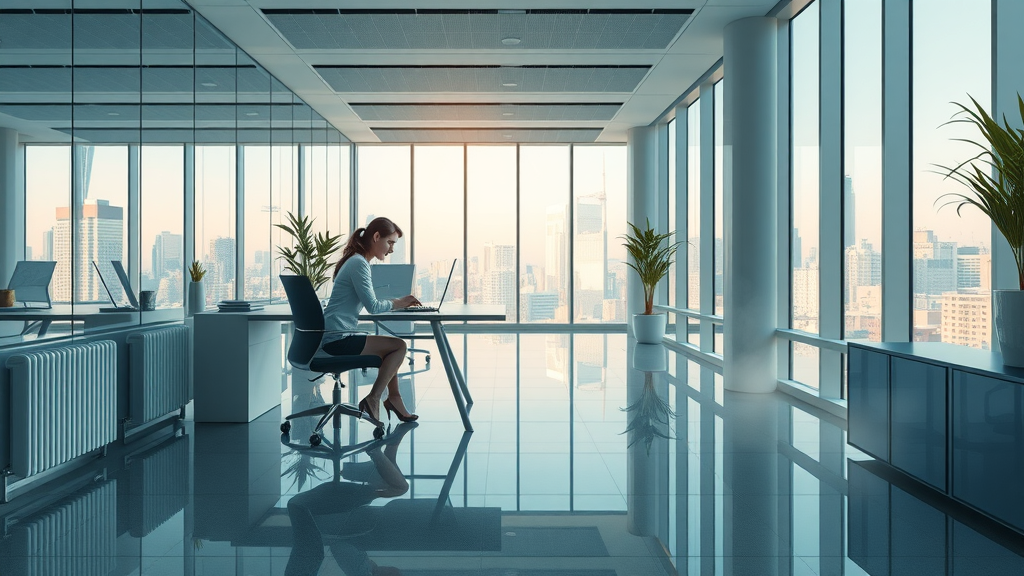 Open office with tile flooring and underfloor heating for energy-efficient comfort