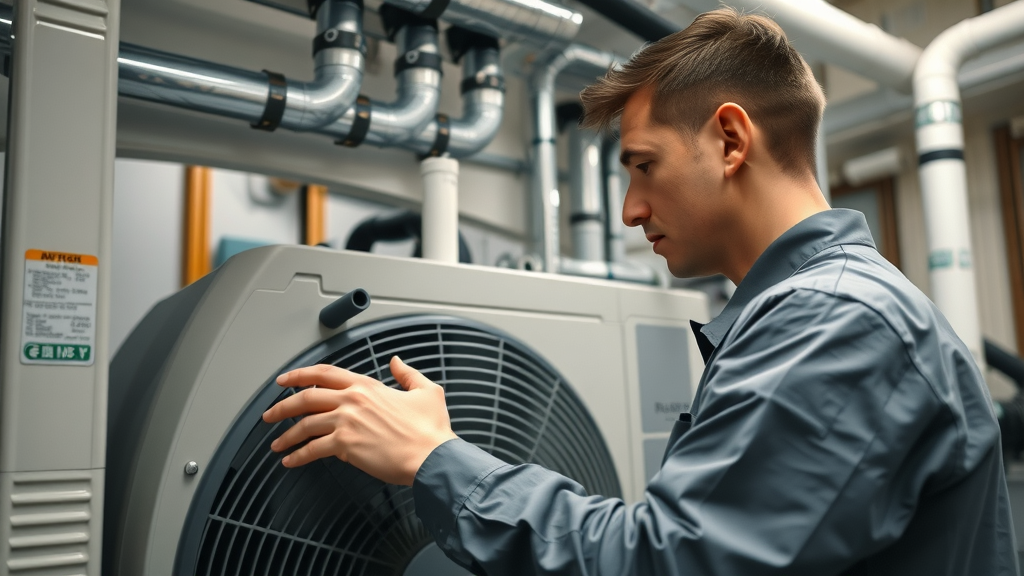 Technician installs ground source heat pump, showcasing renewable energy heating product installation
