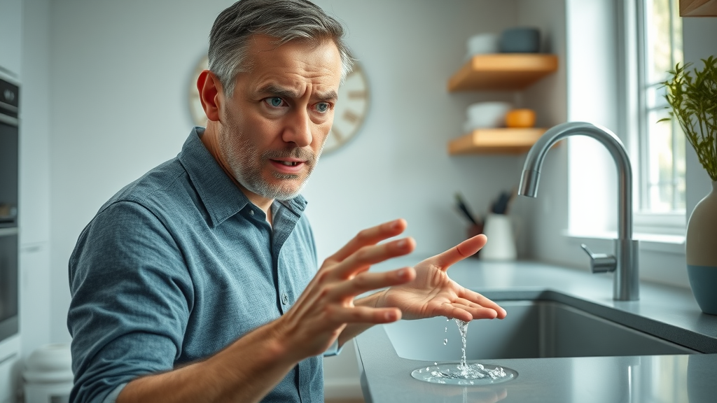 alarmed homeowner in a modern Chesterfield kitchen concerned about urgent plumbing repair chesterfield, inspecting water leak under sink with running droplets, clean bright kitchen