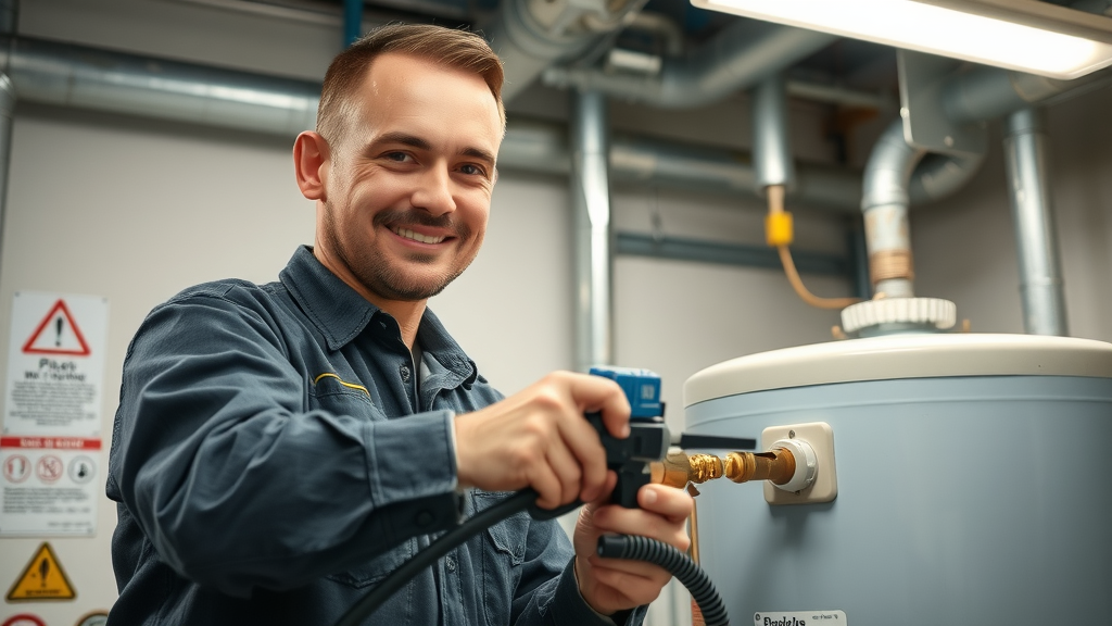 professional plumber in Chesterfield repairing a commercial water heater with top safety practices