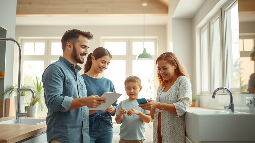 family reviewing sustainable plumbing and heating in a modern eco-friendly home