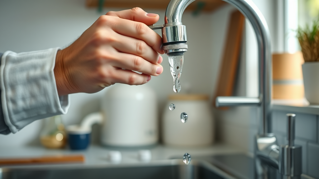 Homeowner repairing a leaky kitchen faucet to promote water conservation in plumbing
