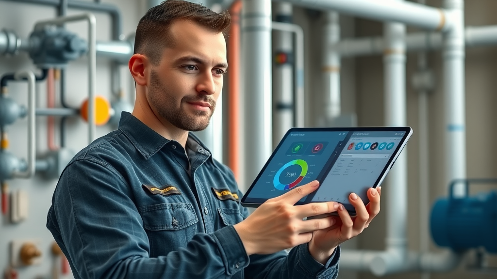 plumber using digital tablet to monitor leak detection dashboard, modern plumbing leak detection technology workflow
