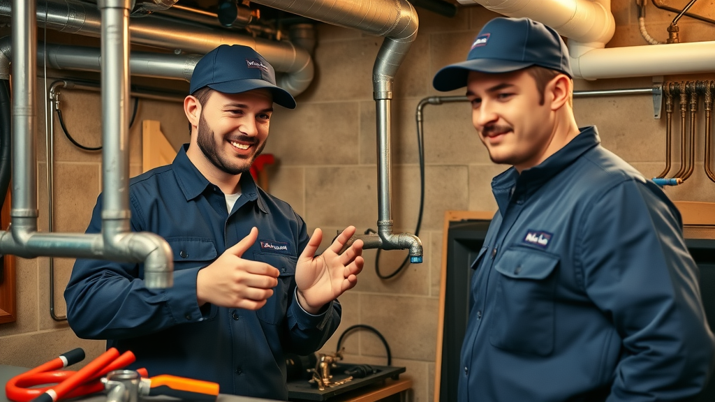 professional plumbers in uniform inspecting pipes, plumbing services in Chesterfield
