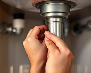 experienced plumber Chesterfield, meticulous, sealing a joint on a pipe, photorealistic, under a kitchen sink with surrounding pipes, highly detailed, realistic skin texture, depth of field, warm hues, soft task lighting, shot with a macro lens