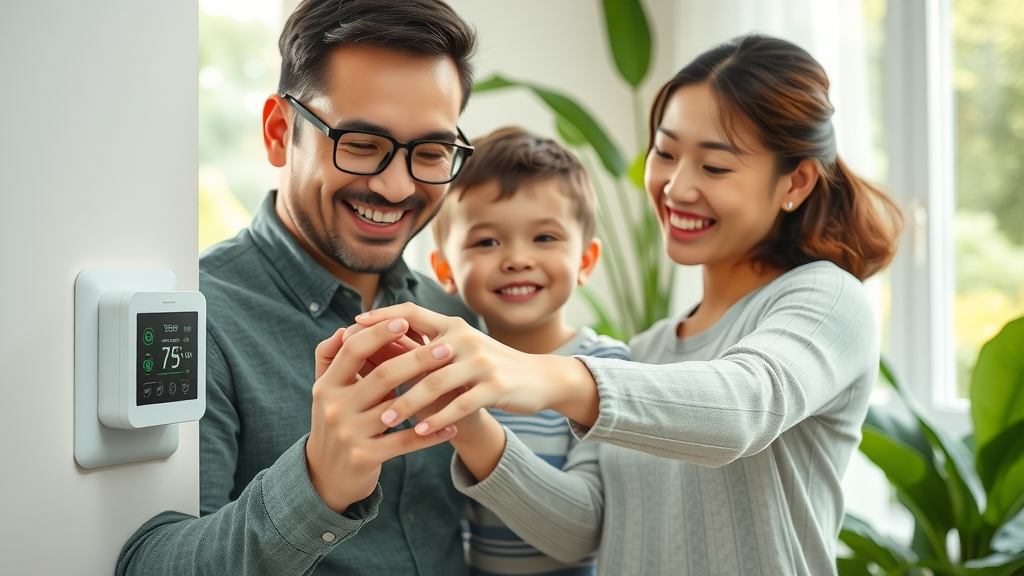 Eco-friendly family adjusting a digital thermostat to promote sustainable and efficient central heating maintenance.