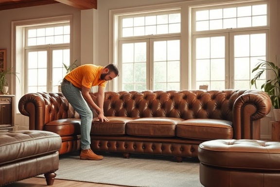 traditional chesterfield installation, craftsman concentrating, assembling sofa, photorealistic, stylish living room with large windows, highly detailed, textured leather and upholstery materials, 8K resolution, rich brown tones, diffused natural light, shot with a 24-70mm zoom lens