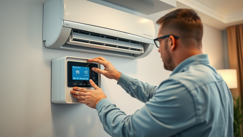 Integrated heating and air conditioning system in a Chesterfield home, technician setting thermostat for year-round comfort.